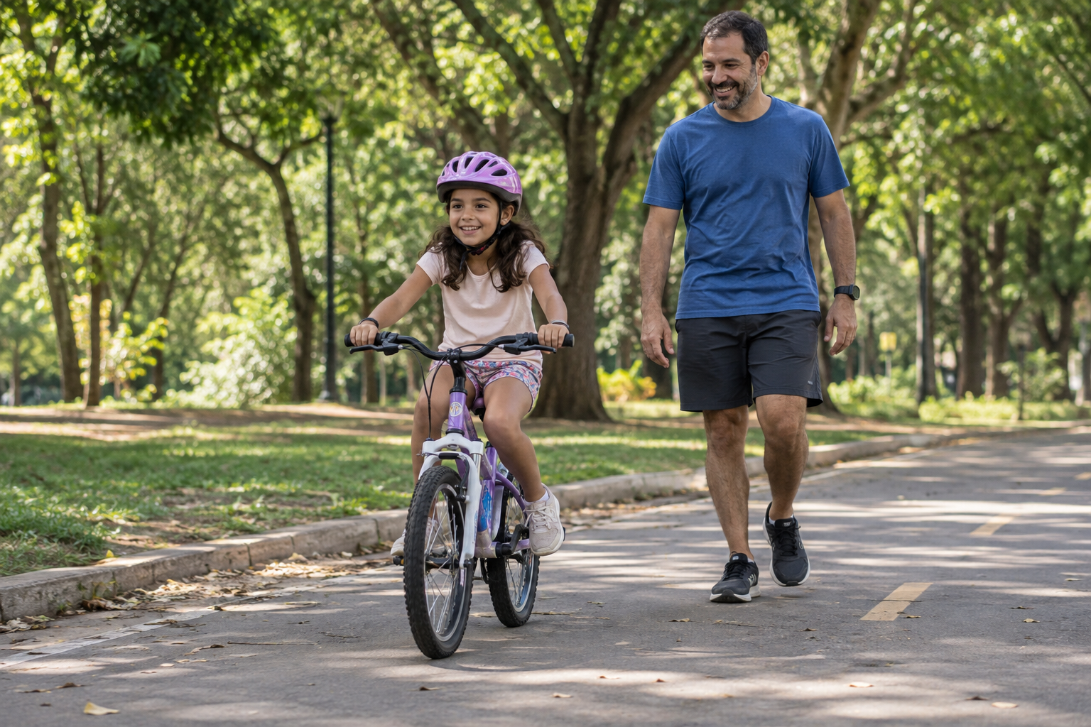 Criança anda de bicicleta com capacete acompanhada por um responsável.