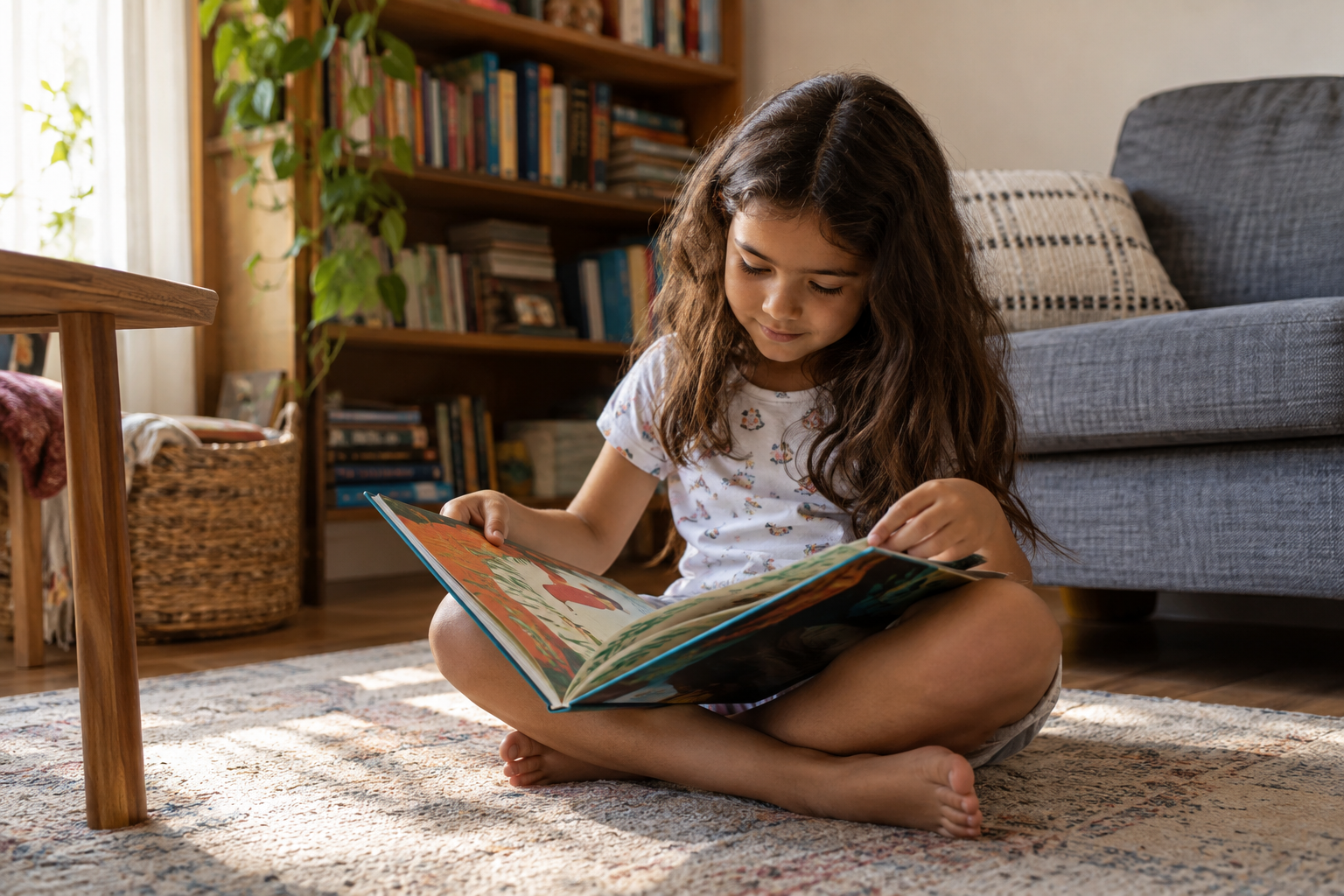 Criança lendo um livro infantil em casa.