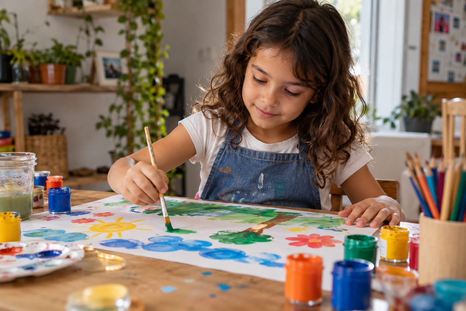 Criança pintando com pincel e tintas coloridas.