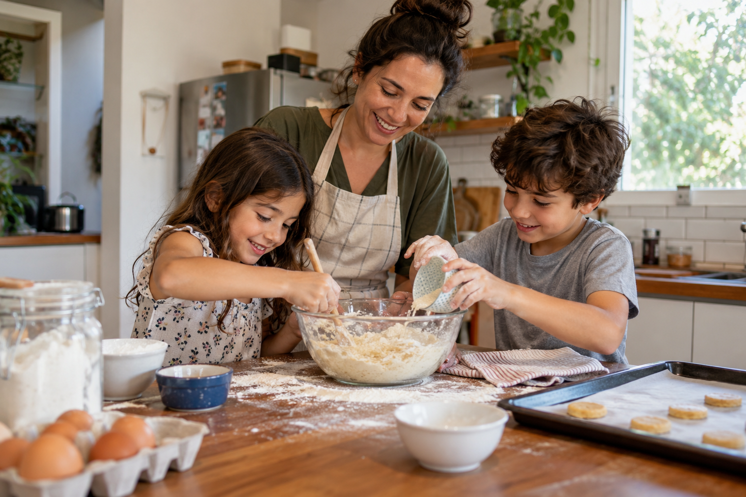 Crianças preparam uma receita com supervisão de um adulto.