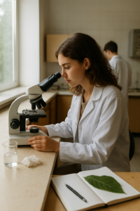 Ilustração moderna representando o curso de Biologia, com uma cena mostrando uma estudante observando lâminas em um microscópio em um laboratório iluminado. Ao fundo, há plantas, frascos transparentes e elementos visuais que remetem ao estudo dos seres vivos. A composição é neutra, objetiva e adequada para uso educacional.