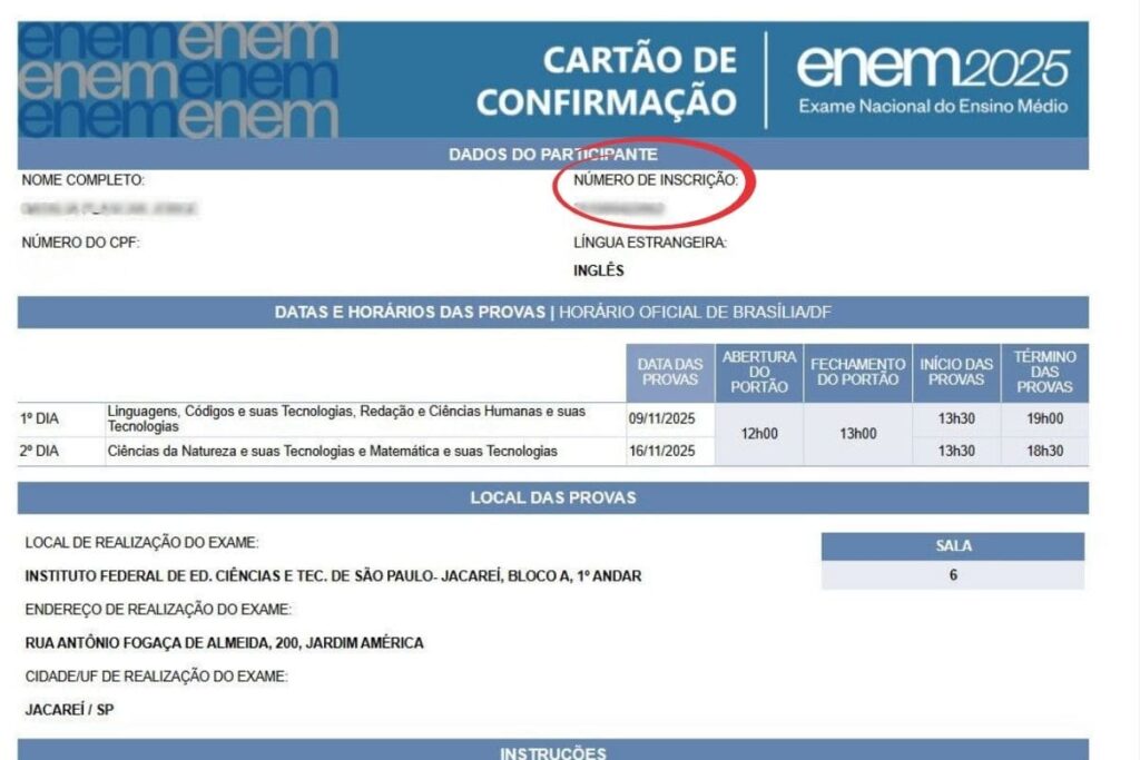 print do cartão de confirmação com o número da inscrição do Enem 2025