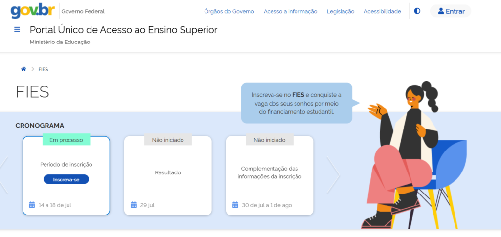 reprodução da página de inscrições do Fies 2025.2
