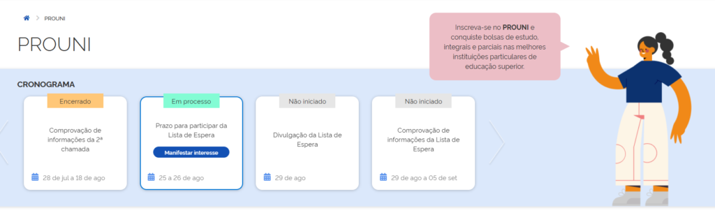 reprodução da página oficial do programa com o calendário da lista de espera do Prouni 2025.2