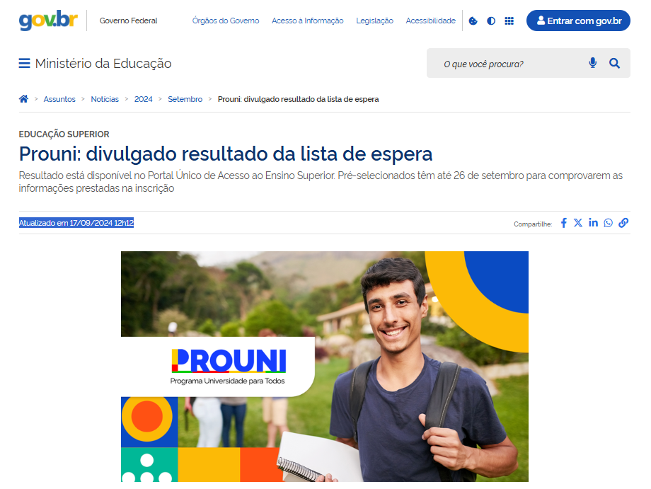 reprodução da divulgação do resultado da lista de espera do Prouni 2024.2