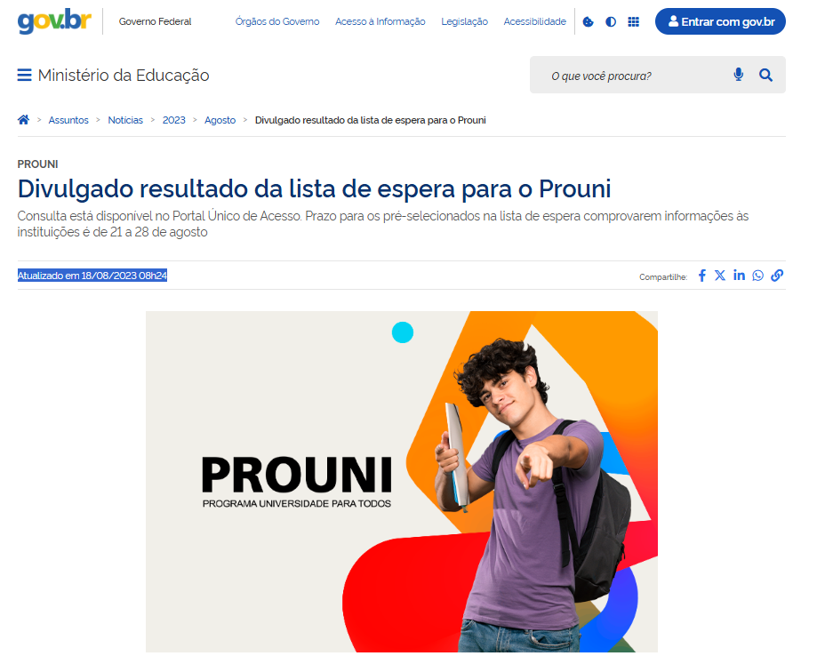 reprodução da divulgação do resultado da lista de espera do Prouni 2023.2