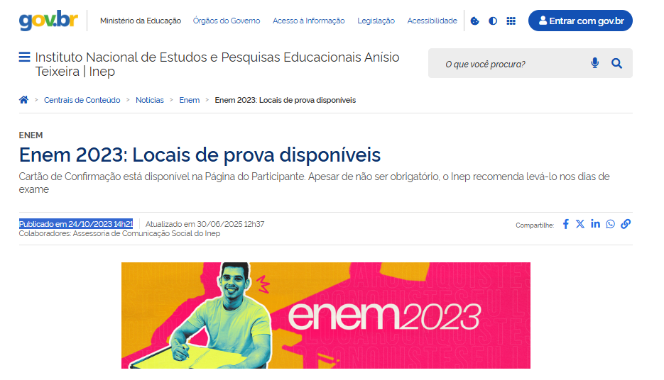 reprodução da divulgação do local de prova do enem 2023