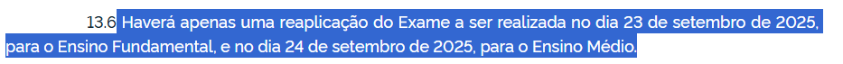 trecho do edital que mostra quando será a prova de reaplicação do Encceja 2025