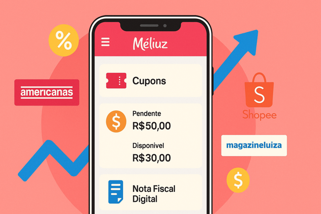Tela do app Méliuz com cashback e cupons em lojas parceiras