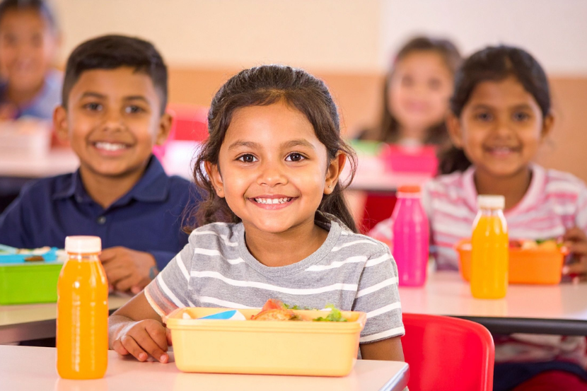 crianças felizes na escola no momento da alimentação escolar