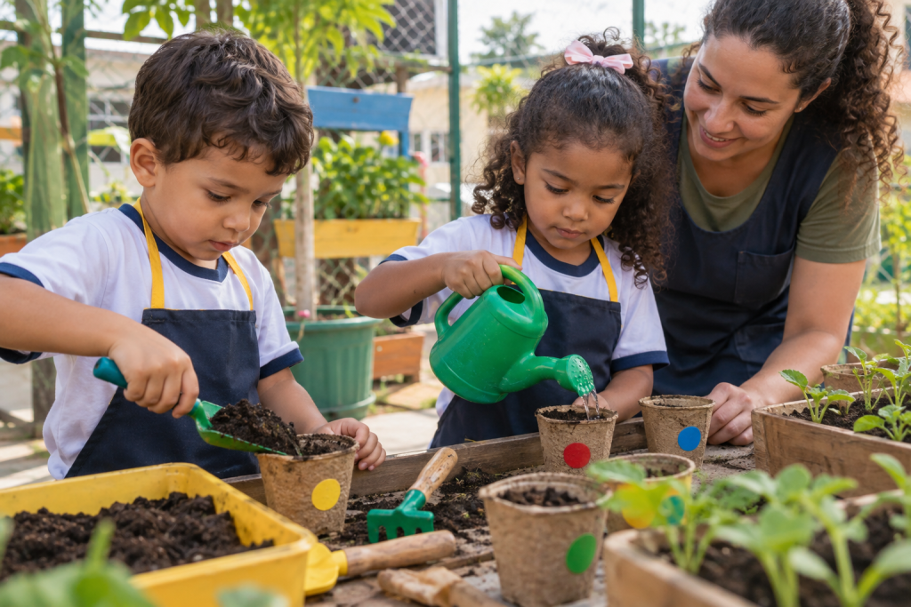 O plantio permite acompanhar mudanças ao longo do tempo e conversar sobre os cuidados com as plantas.