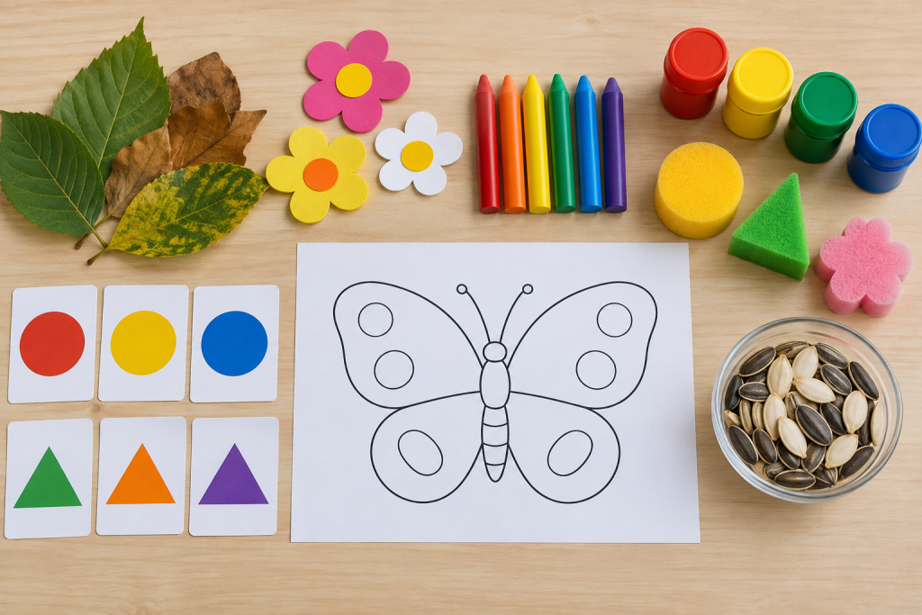 Papéis, tintas laváveis, esponjas e cartões permitem adaptar as atividades para diferentes idades.