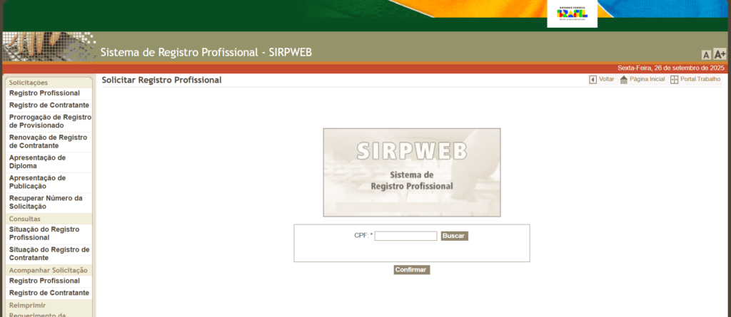 Página do SIRPWEB, onde é possível solicitar o registro profissional do técnico em segurança do trabalho
