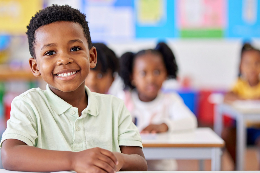 criança feliz na escola com bolsa da Quero Escola