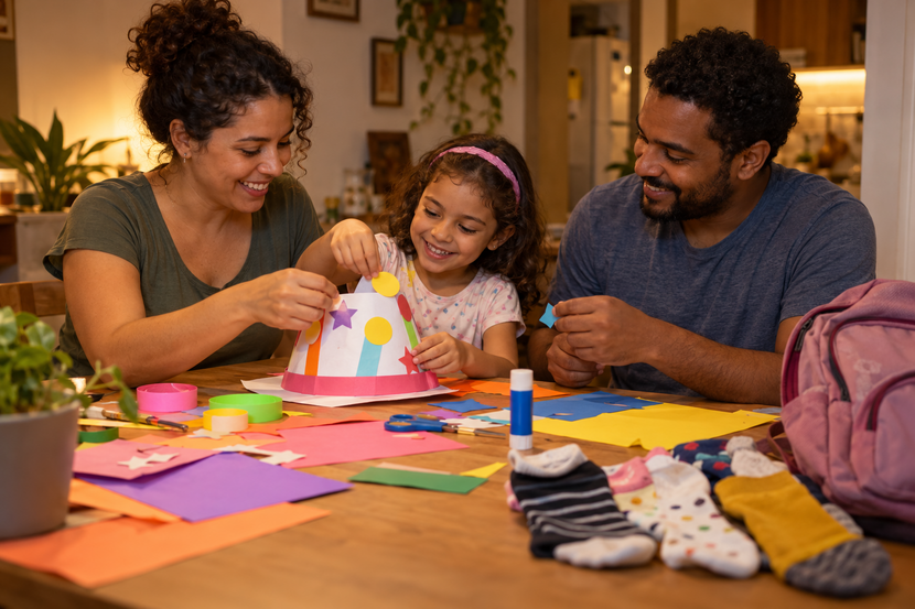 Pais e filha preparam juntos um chapéu de papel para a Semana Maluca na escola