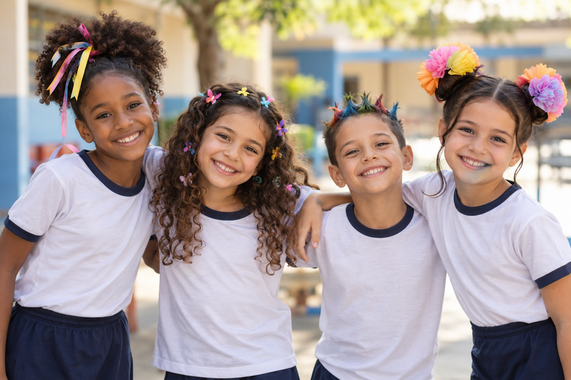 Crianças com cabelo maluco fácil e colorido no pátio da escola.