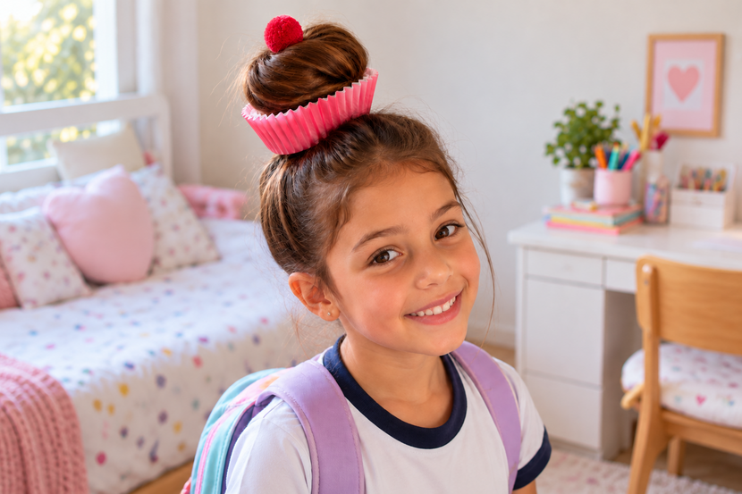 Menina com cabelo maluco em formato de cupcake feito com coque e forminha de papel