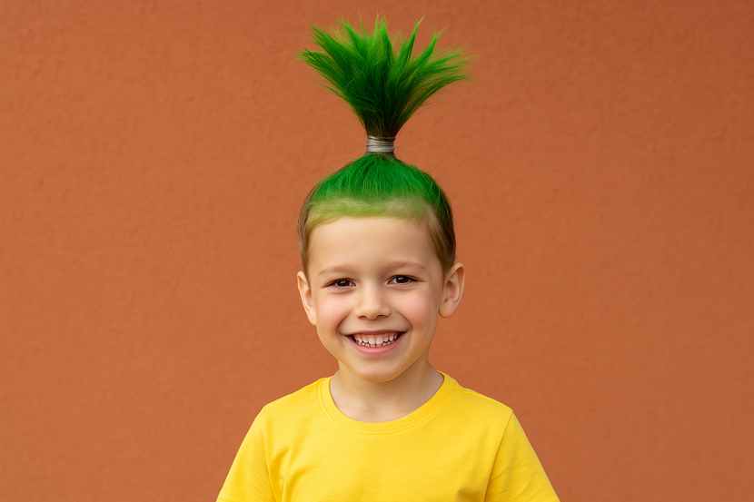 menino com cabelo maluco de rabo de cavalo invertido