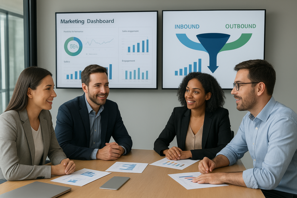Reunião integrada entre equipes de marketing e vendas