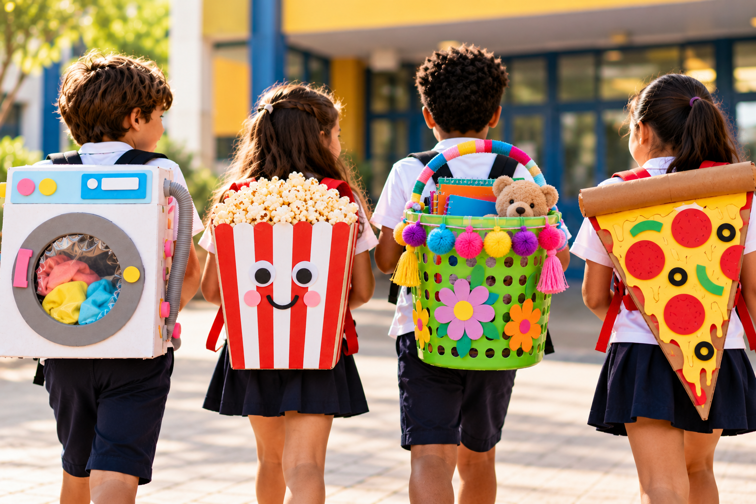 Crianças com mochilas malucas de máquina de lavar, pipoca, cesto decorado e pizza na escola