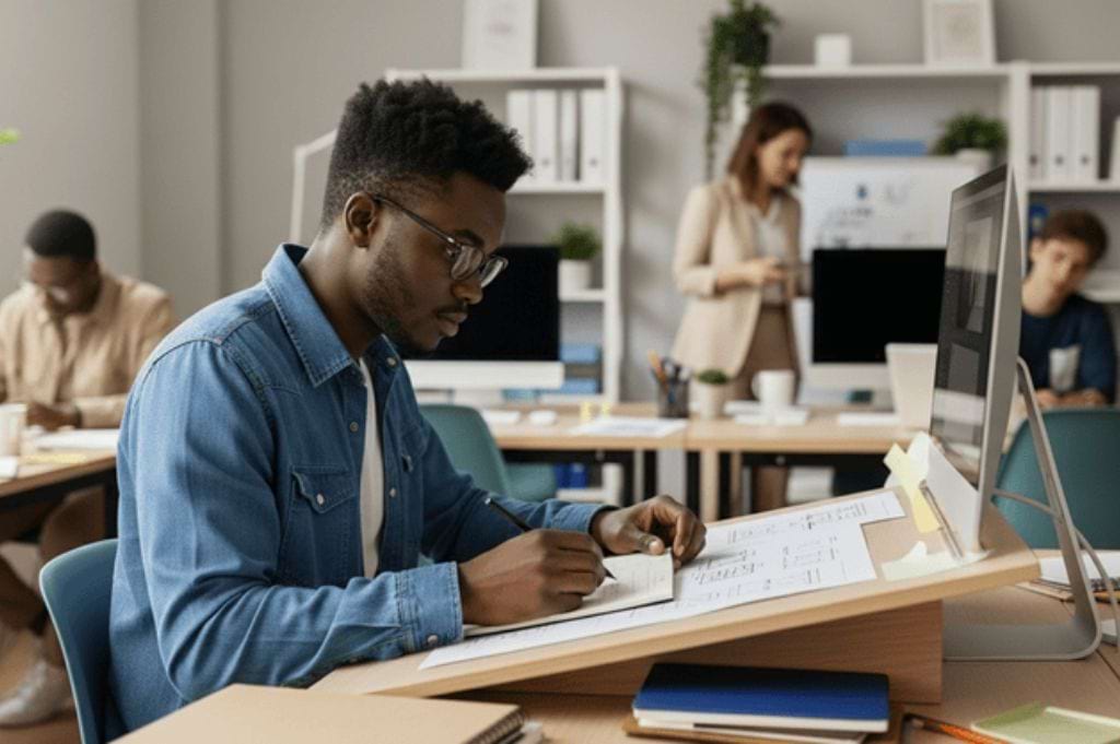 Estudante da faculdade design gráfico em sala de aula, focado em atividade prática com materiais de design. Ao fundo, colegas trabalham em seus computadores, enquanto a professora observa. Ambiente moderno e organizado, com mesas de trabalho e computadores.