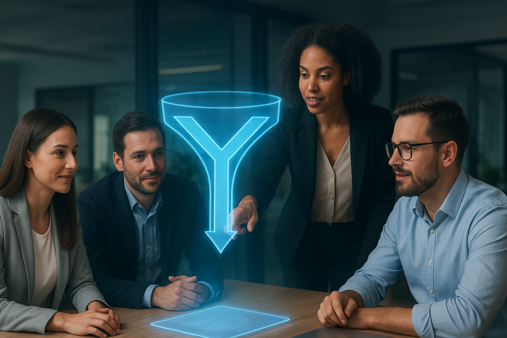 Times de marketing e vendas analisando funil em Y projetado em holograma
