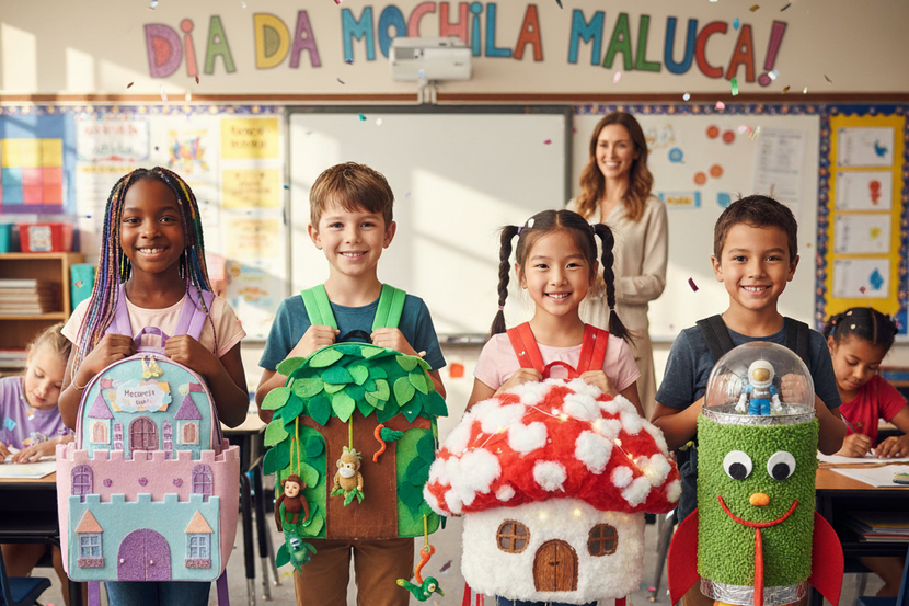 crianças no dia da mochila maluca na escola