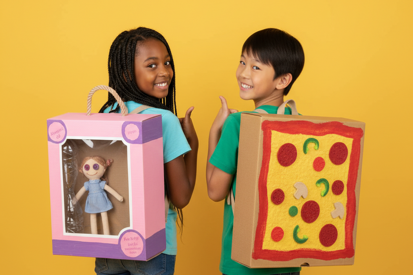 crianças com mochilas malucas de caixa de boneca e caixa de pizza