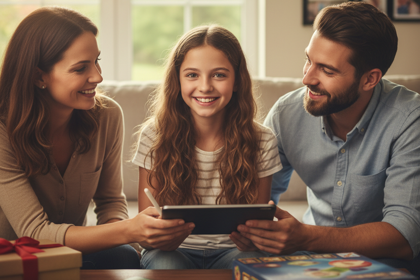 pré-adolescente recebendo presente de dia das crianças