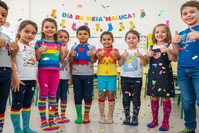 crianças na escola no dia da meia maluca