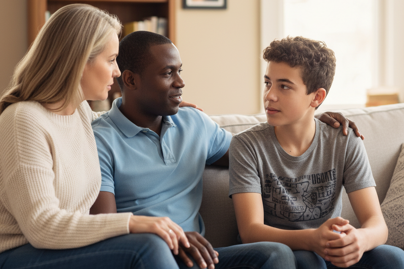 conversa entre pais e filho pré-adolescente sobre o dia das crianças