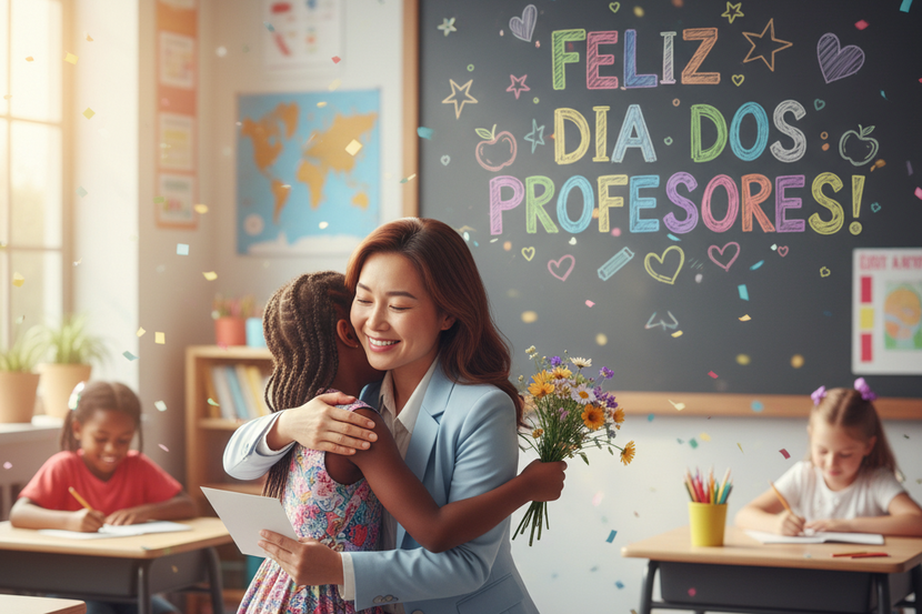 criança abraçando professora na sala de aula desejando um feliz dia dos professores 2025