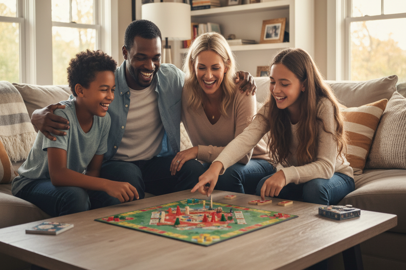 família jogando jogo de tabuleiro celebrando tempo juntos no dia das crianças