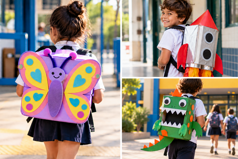 Crianças com ideias criativas de dia da mochila maluca de borboleta, foguete e dinossauro na escola