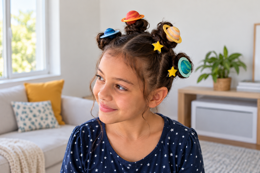 Ideia de cabelo maluco infantil com quatro mini-coques decorados como planetas