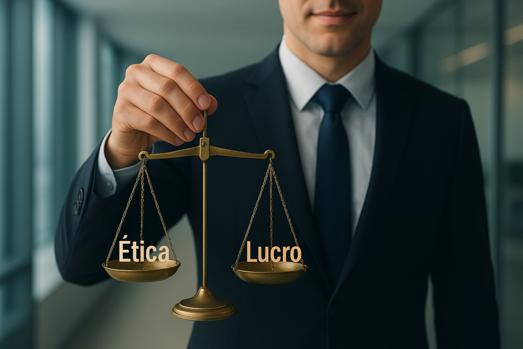 Profissional equilibrando ética e lucro simbolicamente.