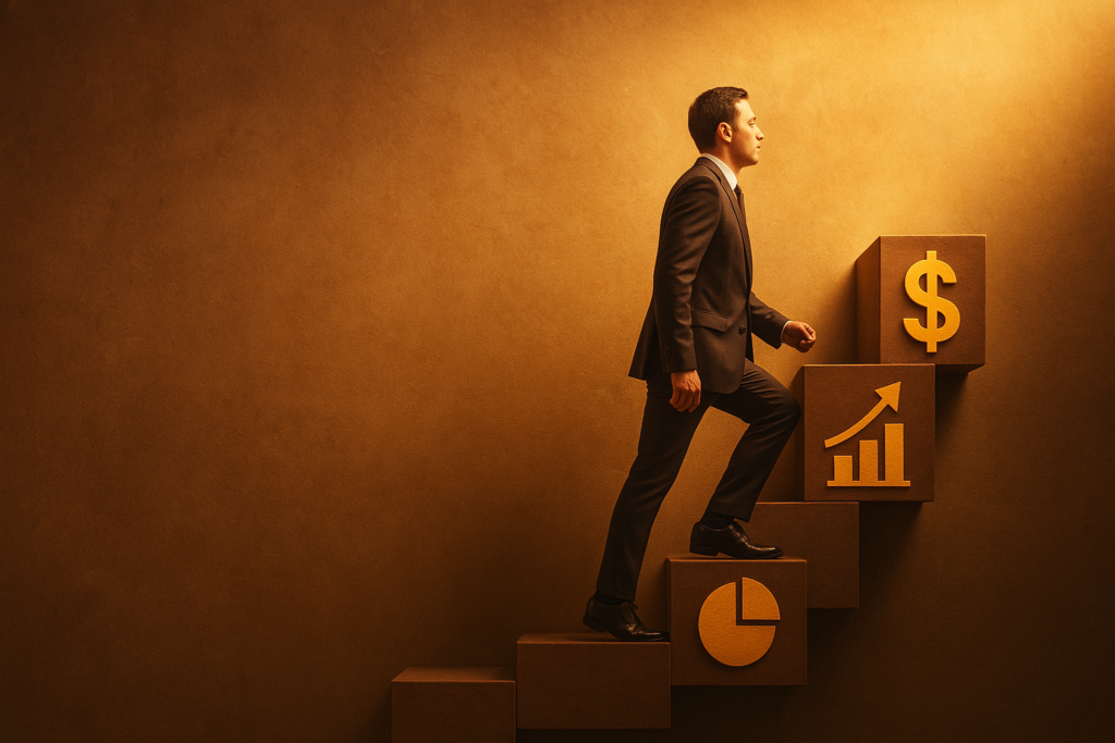 Profissional subindo uma escada simbólica representando crescimento de valor