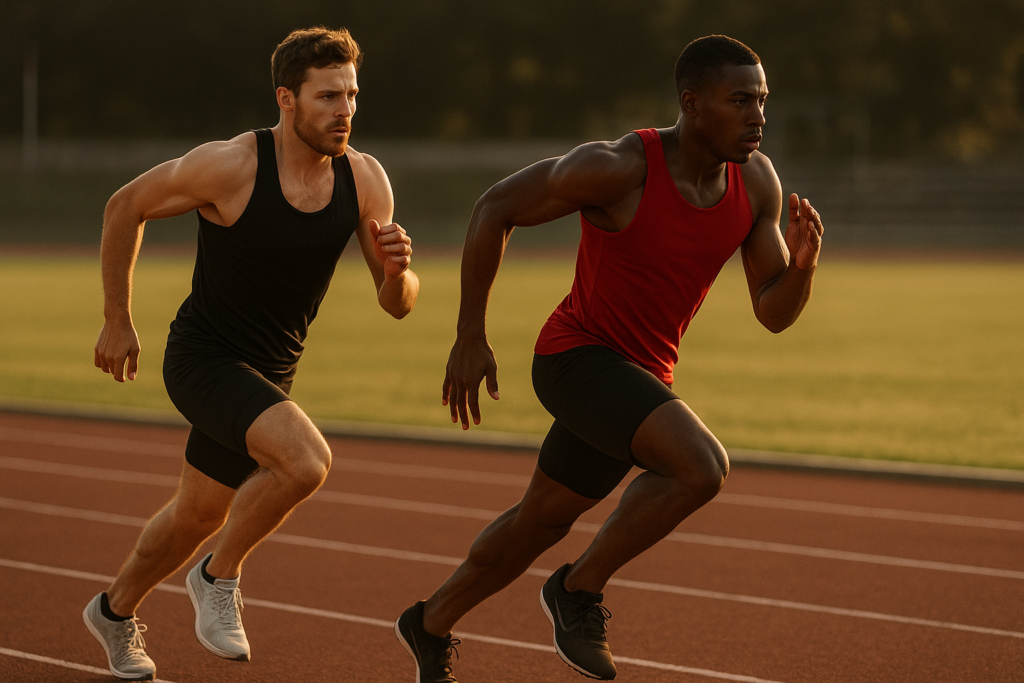 Corredor prestes a ultrapassar outro em pista de atletismo, representando estratégia e timing, estilo realista cinematográfico, luz quente