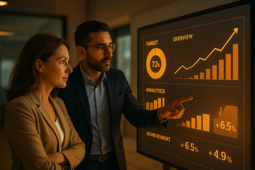 Executivos analisando metas e resultados em painel digital com gráficos e indicadores