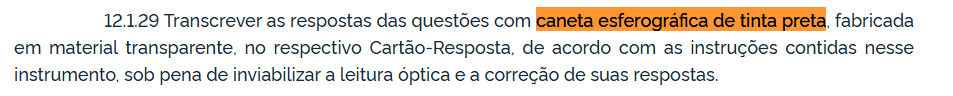 trecho do edital com a cor de caneta que deve ser usada na Prova Nacional Docente