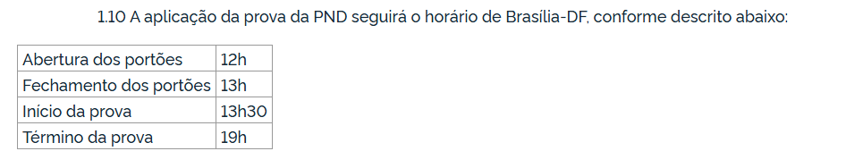 trecho do edital com o horário da prova nacional docente