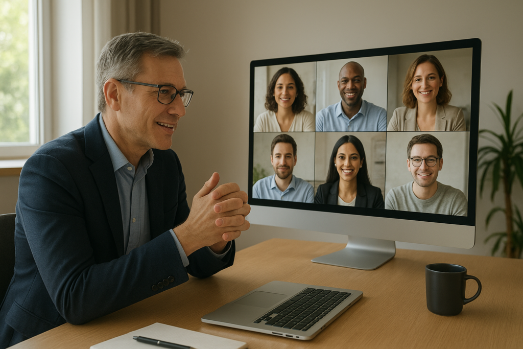 Líder conduzindo reunião remota com equipe global