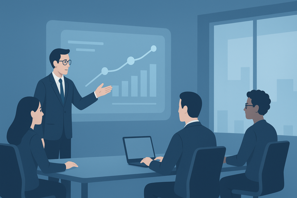 Liderança executiva fomentando cultura digital-first. Executivo apresentando roadmap digital a equipe híbrida, ambiente corporativo contemporâneo, foco em liderança e tecnologia.