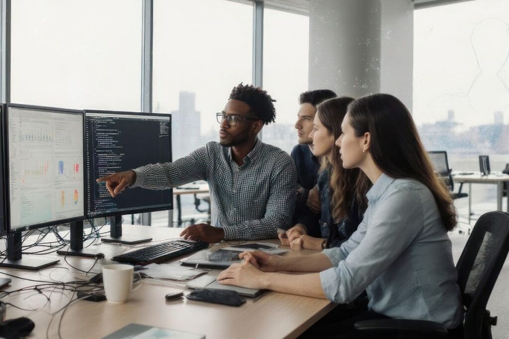 Equipe colaborando diante de um grande painel digital com gráficos, simbolizando alinhamento e propósito coletivo.