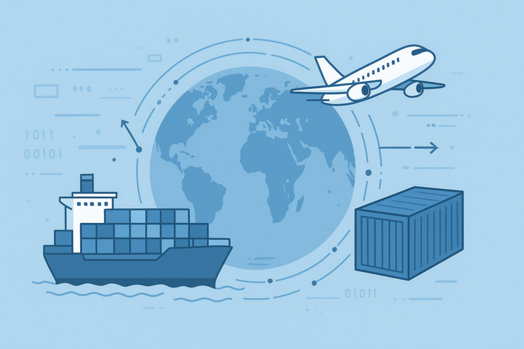 Container, navio, transporte aéreo, esquema digital de cadeia de suprimentos global
