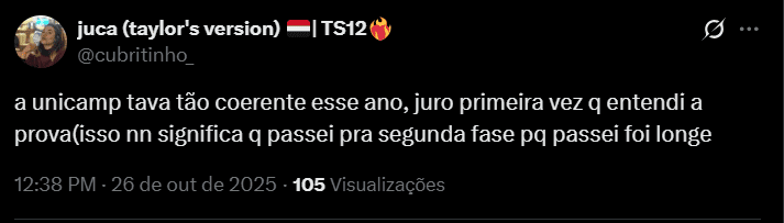 Tweet de candidato sobre a prova da Unicamp 2026