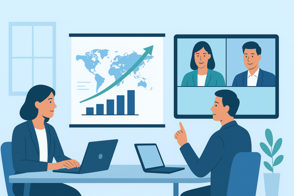Equipes em videoconferência discutindo expansão de mercado externo, gráficos de crescimento