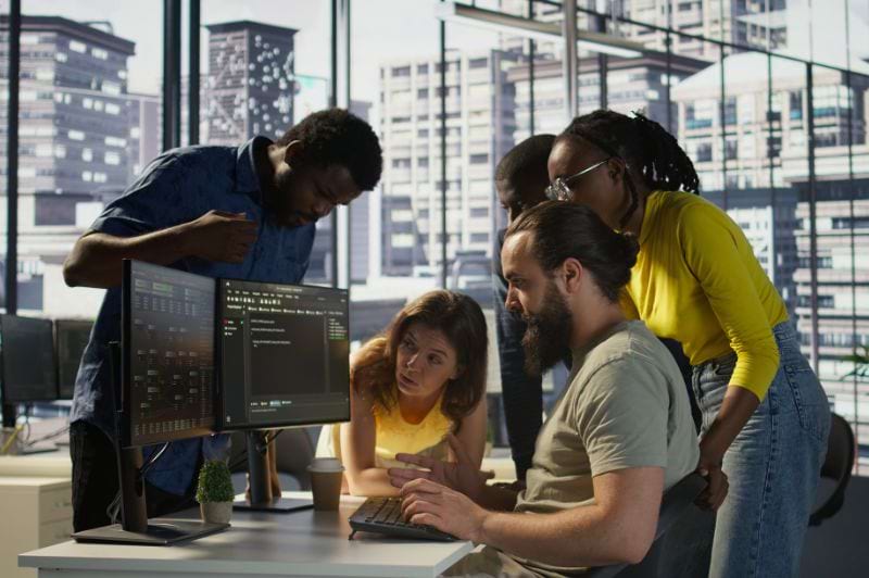Equipe de profissionais colaborando em ambiente de trabalho moderno, analisando código de programação em tela de computador, refletindo o processo de análise e desenvolvimento de sistemas.