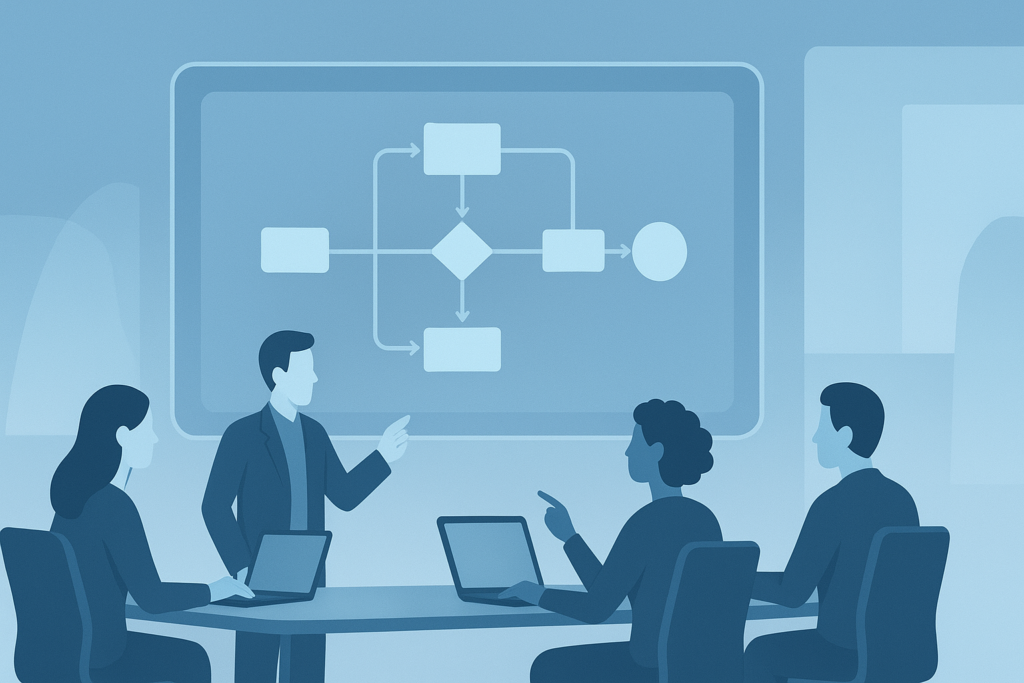 Processos digitais colaborativos em empresa digital-first. Diagramas de processos conectados, tela de visualização de workflow digital, times distribuídos ao redor, estilo clean e futurista.