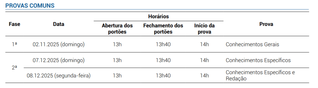 tabela com horários de prova da unesp 2026